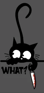 Cartoon cat holding a knife on dark gray background.