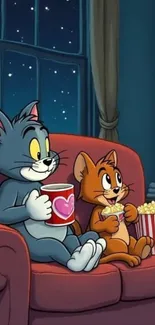 Cartoon cats on a couch with popcorn under the stars.
