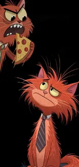 Illustration of cartoon cats, one holding pizza slice.