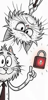 Cartoon cats with a red padlock illustration.