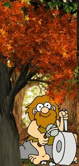 Cartoon caveman with wheel in vibrant autumn forest.