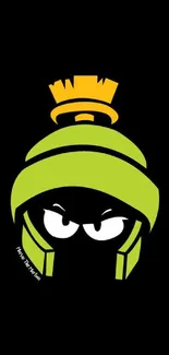 Green cartoon character on black wallpaper.