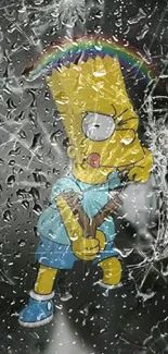 Cartoon character breaking glass with a rainbow backdrop in vibrant colors.