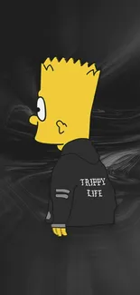 Cartoon character in black hoodie with swirling dark background.