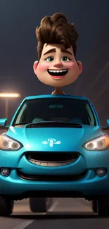 Cartoon character joyfully driving a blue car under streetlights.