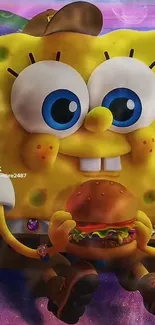 Cartoon character holding a burger, smiling brightly.