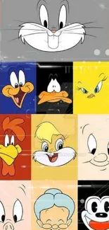 Collage of colorful cartoon character faces, vibrant mobile wallpaper.