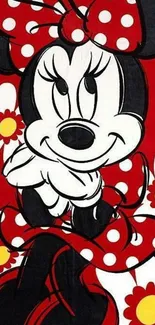 Cartoon character with florals and polka dots on red background.