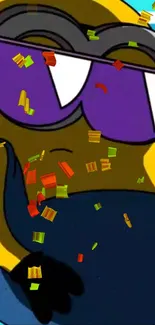 Cartoon character with purple sunglasses and colorful confetti.