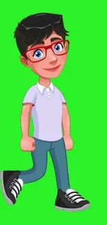 Cartoon character with red glasses on a bright green background.