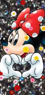 Cartoon character making heart with hands on glitter background.