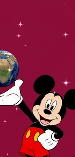 Cartoon character with Earth on burgundy starry background.