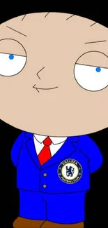 Cartoon character in a blue suit with a football badge on a mobile wallpaper.