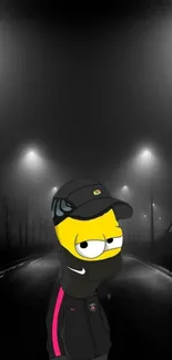 Cartoon character in a foggy, dimly-lit street setting, exuding mystery.