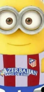 Yellow cartoon character wearing a blue jersey with goggles.