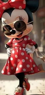 Cartoon character in red polka dot dress with sunglasses.