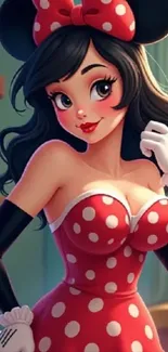 Cartoon character with red dress and bow.