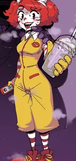 Cartoon character in yellow outfit holding a drink on a purple background.