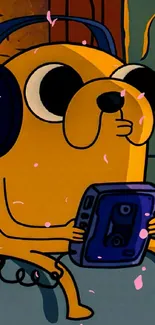 Cartoon dog character with headphones and device.