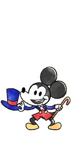 Cartoon mouse in colorful outfit with hat and cane.