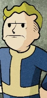 Cartoon character in a blue outfit set against a textured gray background.