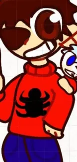 Cartoon character in red sweater with a peace sign.