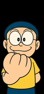 Cartoon character with yellow shirt on black background.