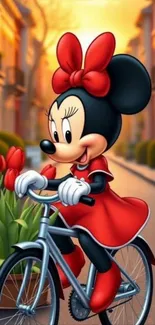 Cartoon character cycling in a red dress with tulips.