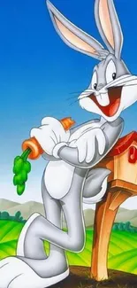 Cartoon rabbit holding a carrot by mailbox.