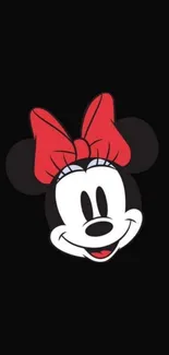 Cartoon character with red bow on black wallpaper.