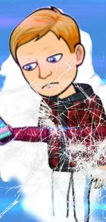 Cartoon character with a smartphone on a cracked screen background.