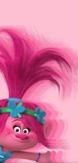 Pink-haired cartoon character on pink background.