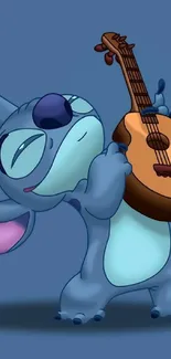 Blue cartoon character joyfully playing a guitar on a whimsical background.