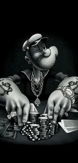 Cartoon character with poker chips, bold black theme for mobile wallpaper.