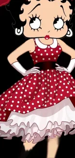 Cartoon character with red polka dot dress on a dark background.