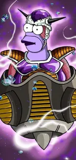 Cartoon character with a purple aura in space-themed mobile wallpaper.