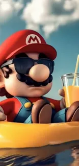 Cartoon character lounging on float with drink.