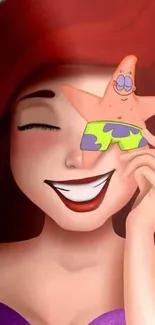 Smiling cartoon character holding a starfish toy on face.