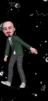 Cartoon character in plaid suit with space-themed background.