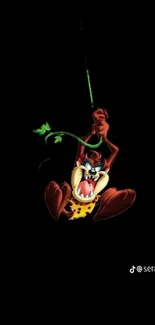 Cartoon character swinging on a vine against a black background.