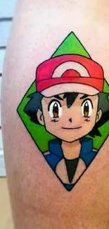 Vibrant cartoon character tattoo on skin with green background.