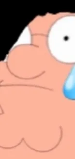 Cartoon character with blue tear, close-up.