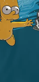 Cartoon character dives underwater with a dollar bill nearby.