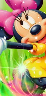 Vibrant cartoon character wallpaper with green background.