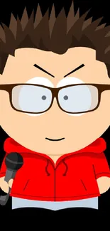 Cartoon character in red hoodie holding a microphone, with glasses.