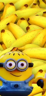 Cartoon character with a banana in a vibrant yellow banana background.