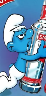 Smiling cartoon character embraces a large colorful bottle.