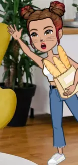 Cartoon girl holding bread in a modern room.