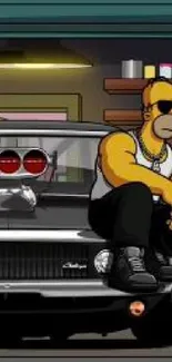 Cartoon character sits on a classic car outside a garage.