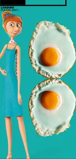 Cartoon character with two fried eggs on teal background.